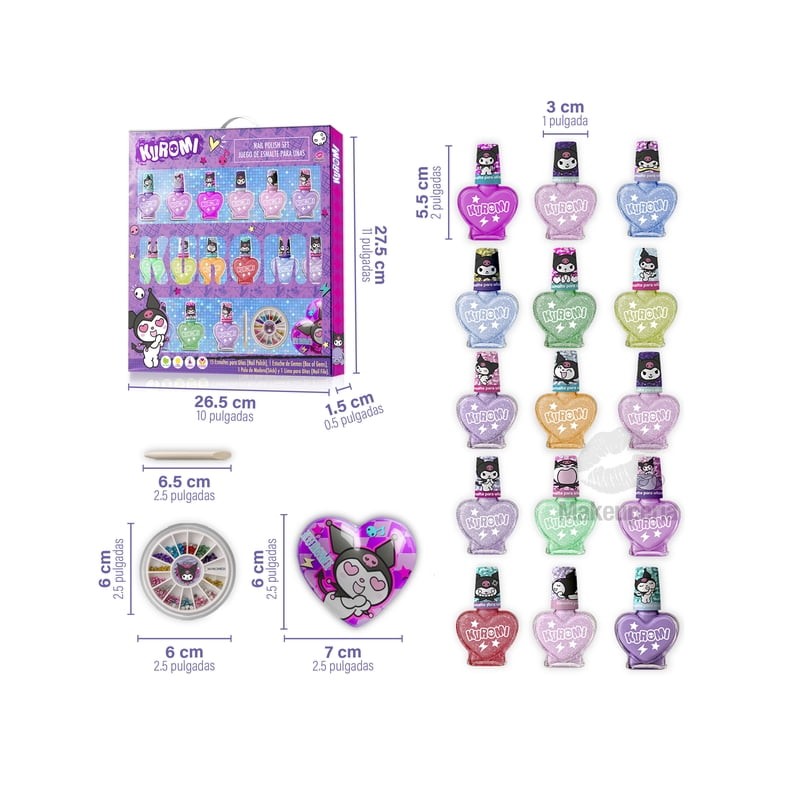 Set de Esmaltes Kuromi con 15 Piezas, Gemas y Lima