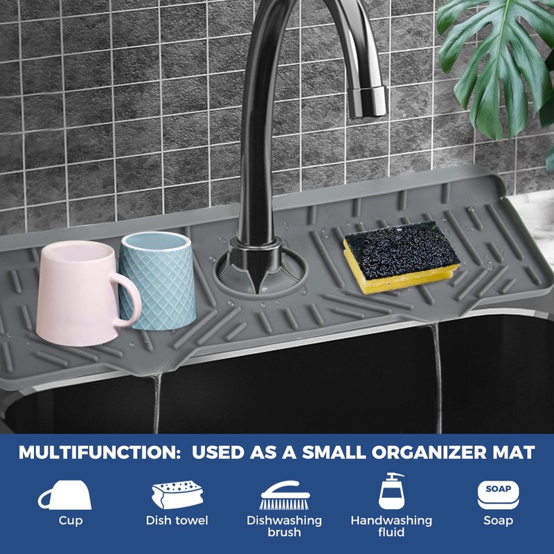 BFONS XL Silicone Faucet Handle Drip Catcher Tray, Gray, 18.1in