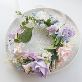 MAFELOE Floral Headband Garland, Adjustable Artificial Flower Headpieces with Ribbon for Women, Handmade Bridal Wedding Party Hairband-Purple+Pink