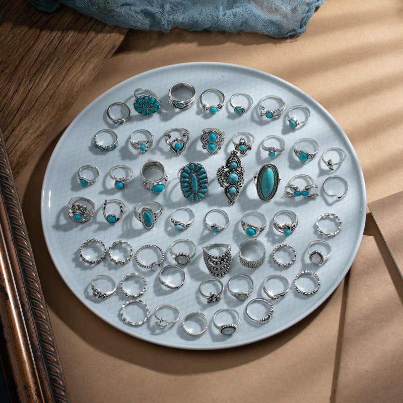 Mixcbe 50 Pcs Western Turquoise Rings Set for Women Vintage