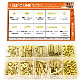 HELIFOUNER 222 Pieces M3 Male Female Hex Brass Spacers Standoffs Screws Nuts Assortment Kit, Threaded Pillar for Printed Circuit Board Motherboard