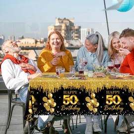 CMUSKO 3Pcs 50th Birthday Tablecloth Black and Gold Happy 50th Birthday Table Cover, 1975 Table Cloth for Men Women Fifty Years Old Party Supplies