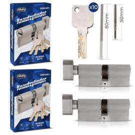 GERCAR Pro Set of 2 Knob Cylinder Keyed Alike 90 mm Lock Cylinder with Knob 45/45 Cylinder - Matt Brass - Includes 10 Keys - Reversible Key - Length: 90 mm, A:45 B:45-2x
