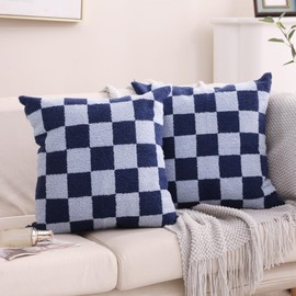 Alysheer Checkered Embroidered Decorative Throw Pillow Covers 18"x 18" Set of 2, Classic Chic Navy Blue Plaid Tufted Patterned Cotton Canvas Cushion Case for Sofa Couch Bed Living Room