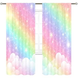 Cinbloo Rainbow Curtains 52Wx84H Inch Rod Pocket Kids Pastel Curtains Girls Cartoon Cute Colorful Sky Clouds Stars Aesthetic Art Printed Girly Princess Living Room Bedroom Window Drapes Fabric 2 Panel
