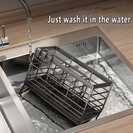 RAKSONIC Utensil Holder,Dish Drainer for Kitchen Counter, 3 Compartments Stainless Steel Utensil Drying Rack, Kitchen Utensils Holder with Towel Bar,Self-Draining Tray Design(Gray)