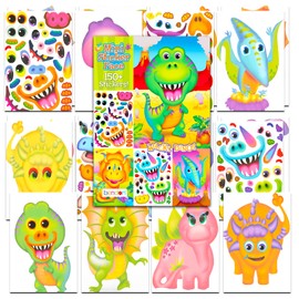 24 Pcs Make-a-Face Sticker Sheets, Dinosaur 5" x 7" Mix and Match Sticker Sheets Total 150+ Stickers, Funny Party Favors, Kids Party Supplies | Jurassic T-Rex Dino Make Your Own Sticker Face Designs