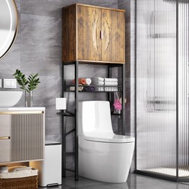 Kalrin Over The Toilet Storage Cabinet with Fluted Wave Doors and Adjustable Shelf, Wood Over Toilet Storage Rack with Drain Basket, Freestanding Bathroom Organizer for Balcony Laundry, Vintage Brown