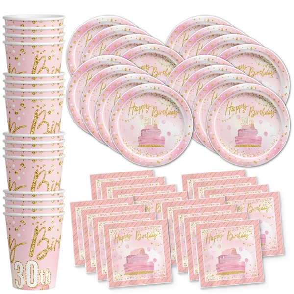 30th Pink and Gold Birthday Party Supplies Set Plates Napkins Cups Tableware Kit for 16