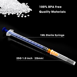 100pack 1ml Luer Lock Lab Syringe with 25 Guage 1 Inch(25mm) for Liquid, Industrial Dispensing,Measurement Disposable Individually Sealed Packed