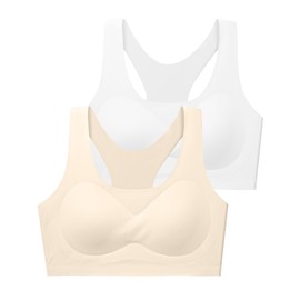 SALIA GIRL Training Girls Bras for Teens 10-16 Racerback Seamless Design with Removable Soft Padding Bras, Skin&White, Large