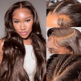 32 Inch 13x6 Body Wave Lace Front Wigs Human Hair 200 Density Chocolate Brown Lace Front Wig Human Hair Pre Plucked HD Transparent Lace Front Wig Human Hair Brown Colored Front Wigs for Women