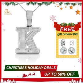 [Buy One Get Free Necklace] Delzzad Hip Hop Large Letter Zirconia Alphbet Pendant For Men - Color: Silver, Shape: L