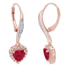 Wishrocks Heart & Round Cut Simulated Ruby & White Cubic Zirconia Heart Dangle Leverback Earrings for Women in 14k Rose Gold Over 925 Sterling Silver Gift Jewelry for Her