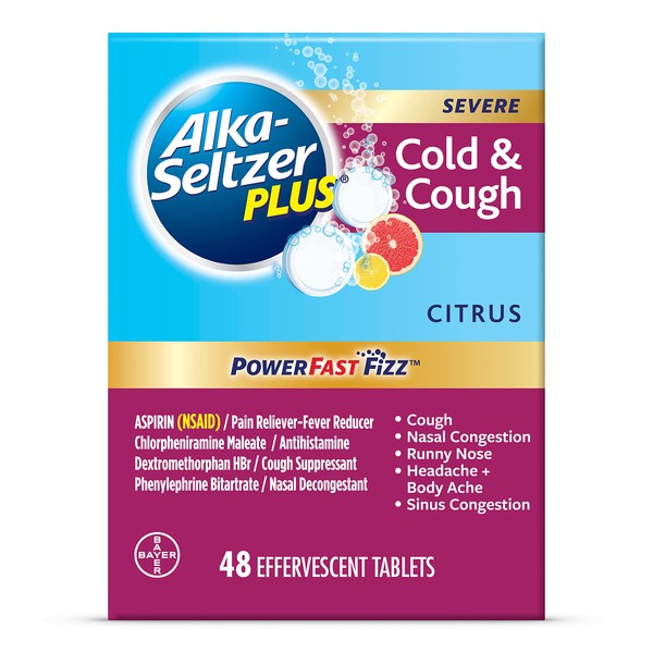 Alka-Seltzer Plus Severe,Cold & Cough Medicine For Adults,PowerFast Fizz Citrus Effervescent Tablets,Fast Relief of Headache,Sore Throat,Cough,Nasal & Sinus Congestion,Runny Nose,& Fever,48ct
