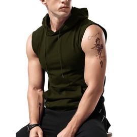 Babioboa Men's Sleeveless Hoodie Bodybuilding Shirt with Pocket Gym Muscles Tees Athletic Tops Army Green