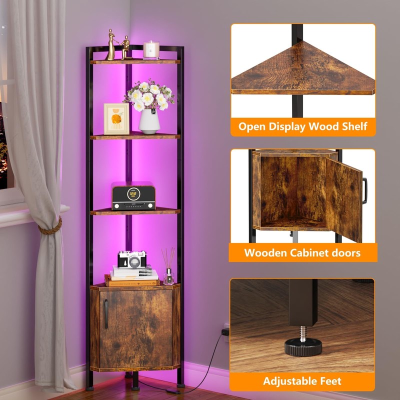 Furnulem Corner Shelf,5-Tier Corner Cabinet with Storage and LED Light,