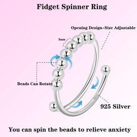 Anxiety Ring Stress Ring Silver 925 Women's Anxiety Ring Spinner Ring Fidget Ring Anti Stress Ring Women Rings Movable Beads Jewellery Gifts, Plastics, No