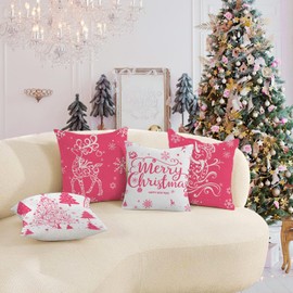 Miaikoe Set of 4 Christmas Cushion Covers, 45 x 45 cm, Christmas Decoration, Trees, Deer, Snowman, Merry Christmas, Decorative Holiday, Farmhouse Cushion Cases for Festive Season (Pink)