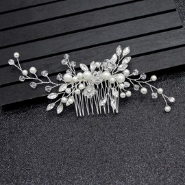 Peines para el Pelo de Boda Peine de Pelo Hecho a Mano Peine Lateral para el Pelo de Novia Peinetas para el Cabello Plateado para Mujeres Boda Niñas Horquilla para el Pelo Hojas Perlas Diamantes de Imitación Flores Accesorios para el Pelo Diseño Floral V