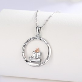 Waysles Inspirational Book Charm 925 Sterling Silver She Believed She Could So She Did Reading with Stack of Books Gift for Book Lovers