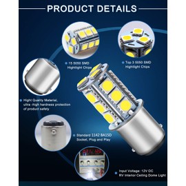 Qoope 1142 1076 LED Bulb for RV, 1004 BA15D White LED Bulb Replacement for 12V Camper Trailer Motorhome Boat Interior Light, 5050 18SMD Double Contact Bayonet,#90 Yard Landscape Bulb (10 Pack)