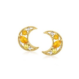 Ross-Simons 0.29 ct. t.w. Citrine and .10 ct. t.w. Yellow Sapphire Moon Earrings With Diamonds in 18kt Gold Over Sterling