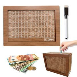 Wooden Money Box, Retro Money Box Storage Box, Piggy Bank with Marker, Money Box, Reusable, with Savings Target and Numbers for Ticking, Helps Children the Habit of Saving (10,000 €)
