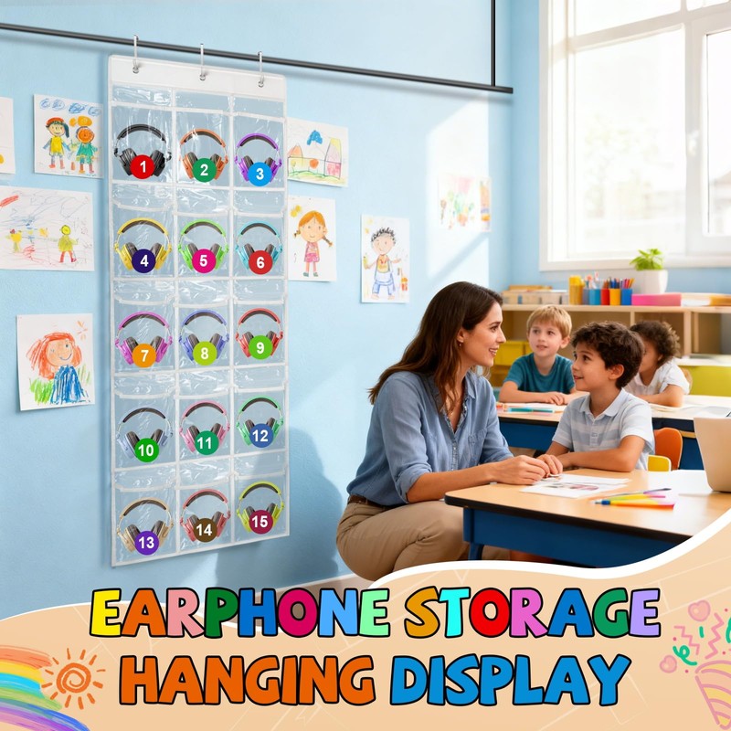 Headphone Storage Classroom Headphone Organizer 15 Pockets PVC Clear Organizer
