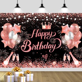 YinQin 180x120 cm Glitter Rose Golden Happy Birthday Party Backdrops Cloth 71x47 inch Pink Golden Bday Photography Backgrounds Black Rose Gold Happy Birthday Sign Banner Decorations for Girl Women