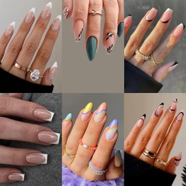 6 Packs 144 Pcs Press on Nails Medium Design- OPkssnails French Tip Press on Nails Almond Short Square, Glue on Nails Kit with Nail Glue, Gel Fake Nails Sticky Tabs Nail File for Girl