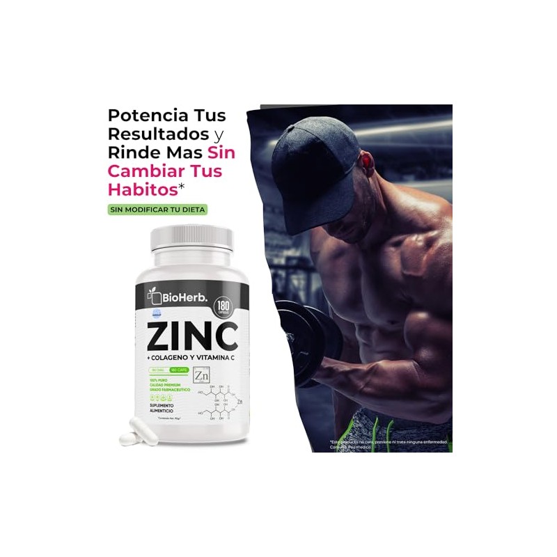 Bioherb Zinc Colageno Vitamina 180 Capsulas 500mg Extremadamente Eficaz Recuperacion