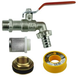 Water Butt Feed-Through 3/4 Inch Male Thread -1/2 Inch Female Thread Barrel Screw Connection Made of Brass with Tap 1/2 Inch Wall Connection Tap and Suction Basket Water Butt Barrel Tank (3/4 Inch