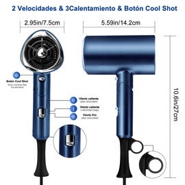 Secador de Cabello Ion Negativo,1800W Secadora de Pelo Profesional Potente,con 3 Niveles de Viento Cálido,2 Velocidades,Secador de Soplado Plegable,con Boquillas y Difusor para Hogar,Salón de Belleza,Viajes -Azul