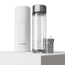 EVER VESSEL Glass Multi Tea Infuser Bottle 14oz - Double Wall Borosilicate Glass Flask | No Plastic Touches Contents | Perfect for Office or Home