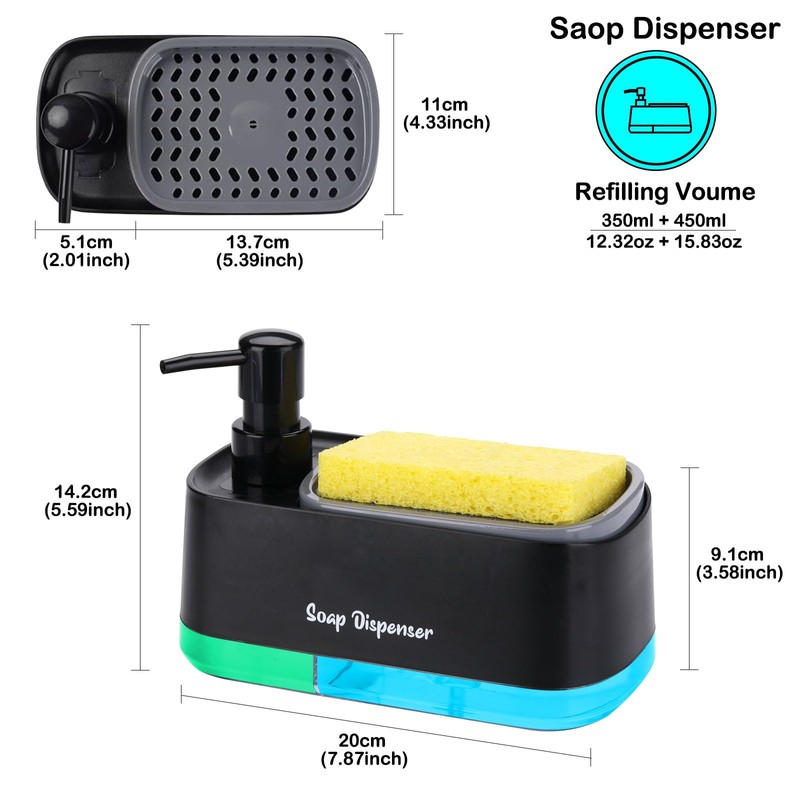 GINZER Dish Soap Dispenser for Kitchen Countertop with Sponge Holder