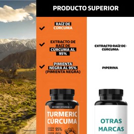 Turmeric Cúrcuma Con Extracto De Raíz De Cúrcuma Estandarizada Al 95% Y Pimienta Negra Al 95% - Curcumina - 95% De Curcuminoides - Suplemento Alimenticio - Antioxidantes Golden Milk - 60 Cápsulas