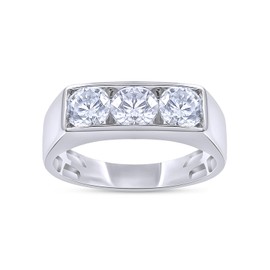 Wishrocks 3 Stone Style Men's Ring Lab Created Moissanite Wedding Band Ring For Men's In 14k White Gold Plated Sterling Silver (1.00 Cttw) Ring Size -7, 7, White Gold, Moissanite