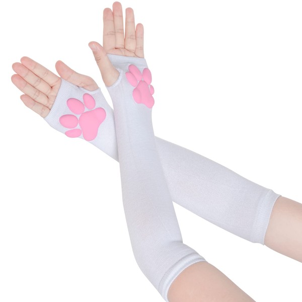 Nydotd Cat Paw Pad Mittens Gloves Kawaii Pink 3D Claw Fingerless Cute Cat Cosplay Gloves Sleeve for Girls Halloween Party (White)