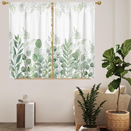 MitoVilla Green Eucalyptus Leaves Kitchen Curtains 39 Inch Length for Small Window Treatments, Watercolor Botanical Rod Pocket Top Tier Short Curtains for Closet Door Coverings, 2 Panels, 26x39
