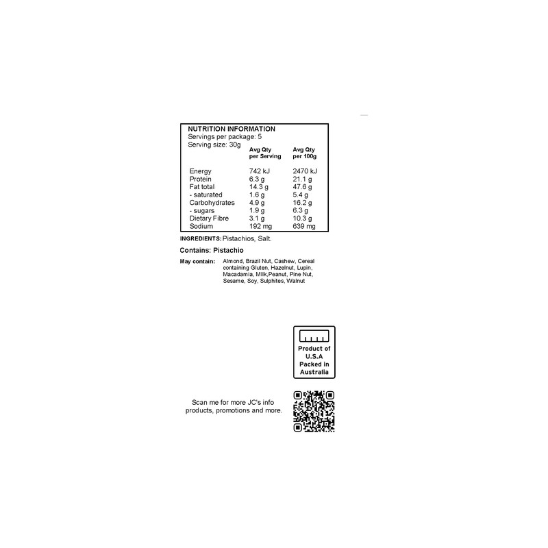 J.C.'s Quality Foods Premium Salted Pistachios 150G