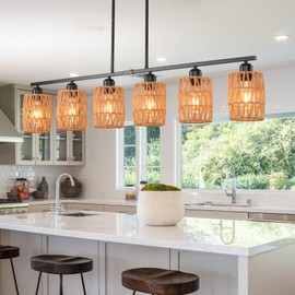 Rattan Pendant Lights for Kitchen Island,6-Light Boho Coastal Chandelier,Bohemian Rustic Pendant Light Fixture for Dining Room,Height Adjustable,Matte Black Farmhouse Woven Hanging Lights Over Table