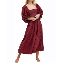 ABYOVRT Women Floral Embroidered Maxi Dress Long Puff Sleeve Square Neck Bohemian Flowy Dress with Pockets Summer Fall