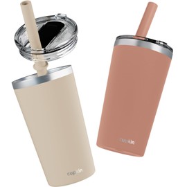 CUPKIN Toddler Tumblers, The Original 12 oz Stackable Stainless Steel Cups, Set of 2 Powder Coated Insulated Kids Water Bottle Alternative + BPA Free Lids + Reusable Silicone Straws (Brown + Peach)