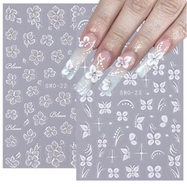 Mkwntg Flower Butterfly Nail Art Stickers 5D Embossed White Floral Butterfly Design Nail Decals Cute Floral Petal Self-Adhesive Nail Art Supplies Manicure Sliders for Women Girls DIY Decorations