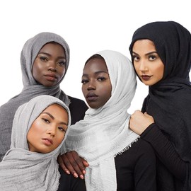 QYMY 4pcs Set Hijab Muslim Head Scarf Solid Color Long Scarf Wrap Scarves Cotton Scarf for Women Fashion L70.7*W35.4 inch QY414 (Black+White+Gray+Dark grey(4pcs set))Medium
