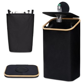 WELTRXE Recycling Bin for Kitchen Indoor Home, 100L Recycle Bin Large 26 Gallon with Lid, Removeable Reusable Inner Bag Bottle Can Glass Waste Plastice Stickers, Black