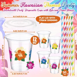 Widecook 50 Pack Hibiscus Plastic Cups with Lids and Paper Straws 12 oz Summer Hawaiian Themed Party Disposable Cup for Tropical Tiki Luau Party Supplies Decoration