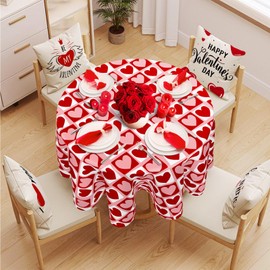 AnyDesign Valentine's Day Round Tablecloth Red Pink Hearts Plaids Fabric Table Cloth Washable Love Heart Table Cover for Wedding Anniversary, 60 x 60 Inch