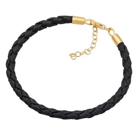 0202571022_16 Women's Beads Bracelet Made of Faux Leather in Black Leather Bracelet (3 mm) with Lobster Clasp in Gold-Plated 925 Sterling Silver Length 16-19 cm, Leather